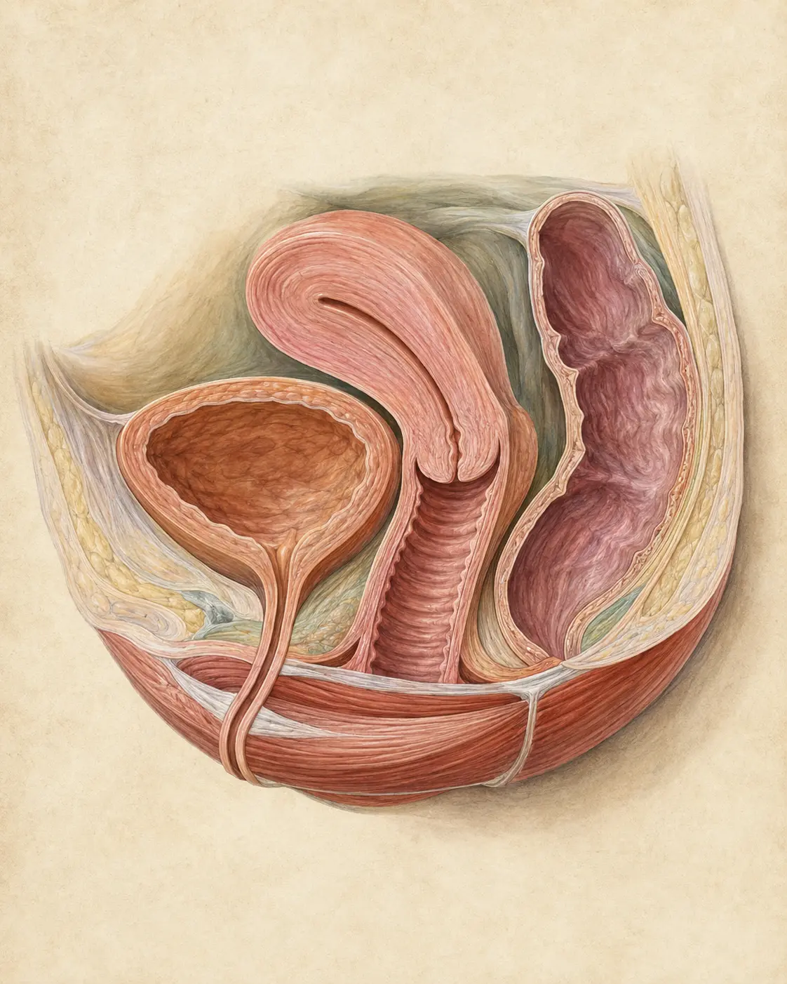 Medical illustration showing the relative positions of the bladder, urethra, uterus, cervix, vaginal canal, rectum, and pelvic-floor muscles in a side cutaway of the pelvis.