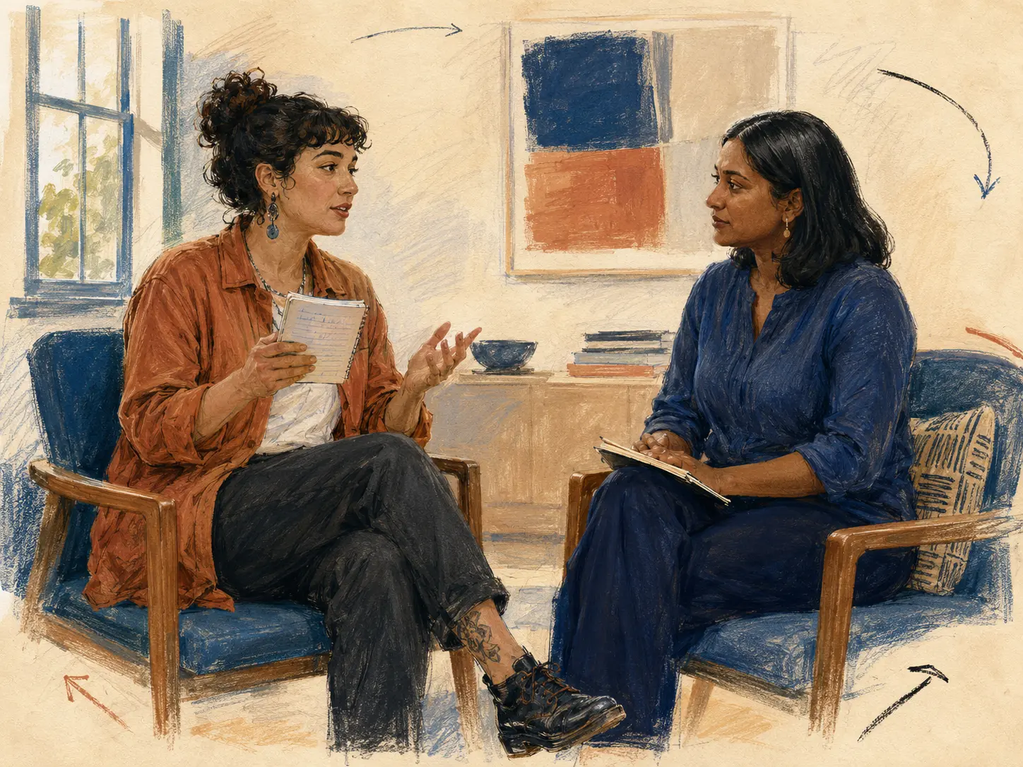 A patient holding written notes speaks with a clinician seated at the same eye level in a bright consultation room.