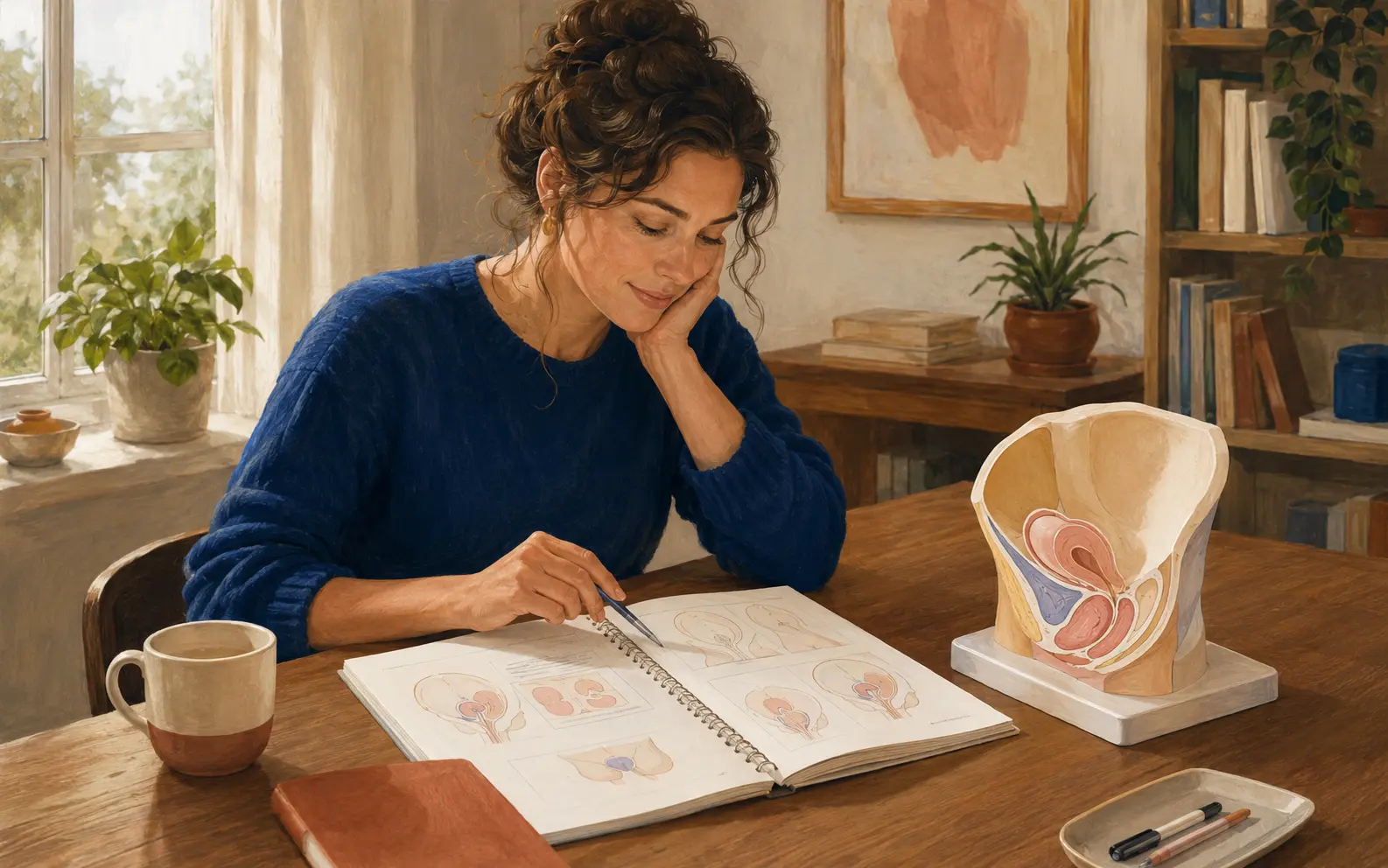 An adult uses a body-literacy workbook and anatomical teaching model to understand arousal, clitoral anatomy, and different routes to pleasure.
