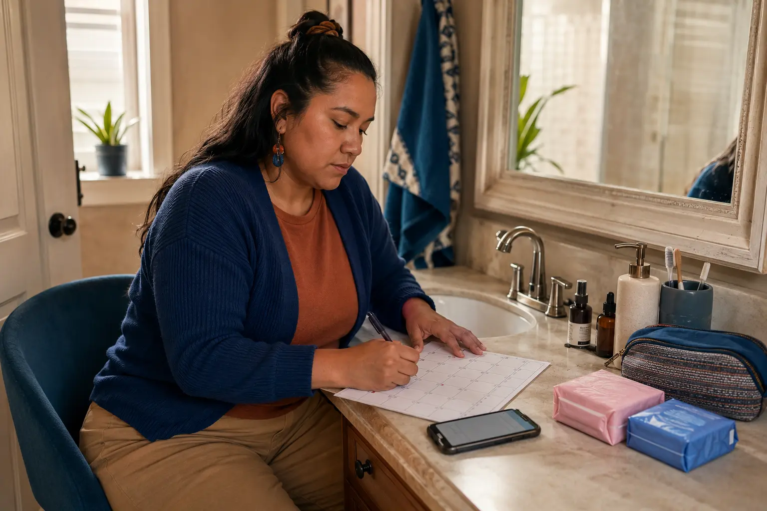 A person privately tracks unexpected bleeding with a calendar, period products, and a short symptom note.
