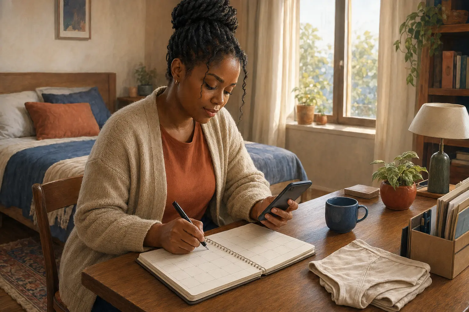 A person calmly records a change in their usual discharge pattern in a private symptom notebook.