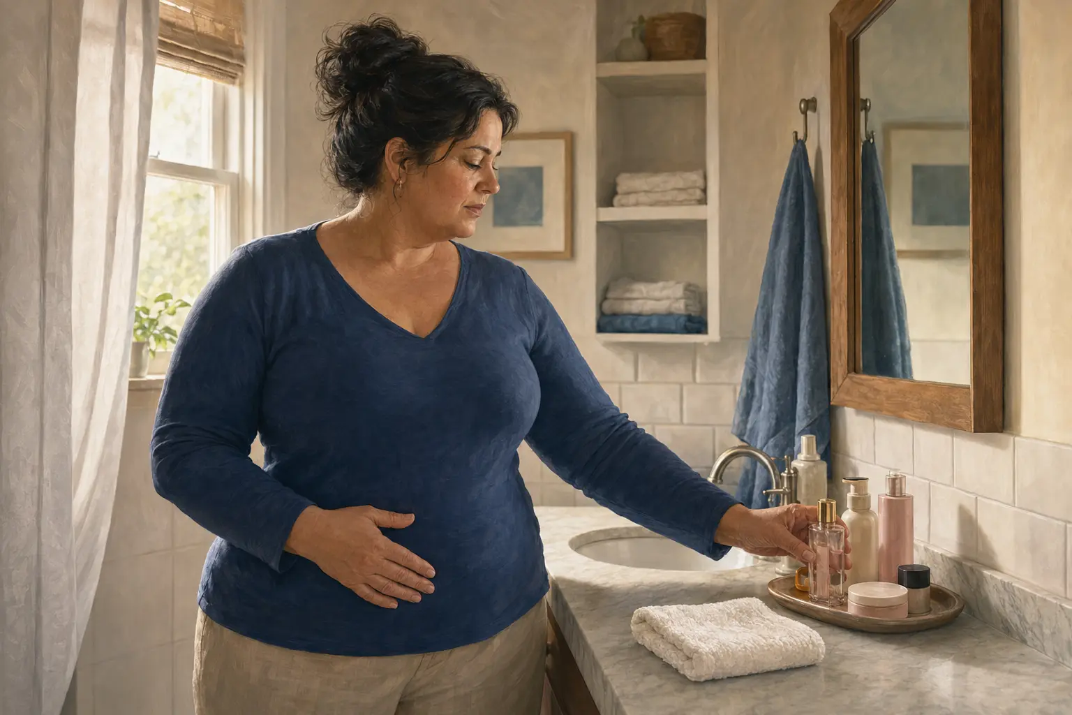 A fully clothed person with external irritation chooses a plain unscented washcloth and sets fragranced products aside.