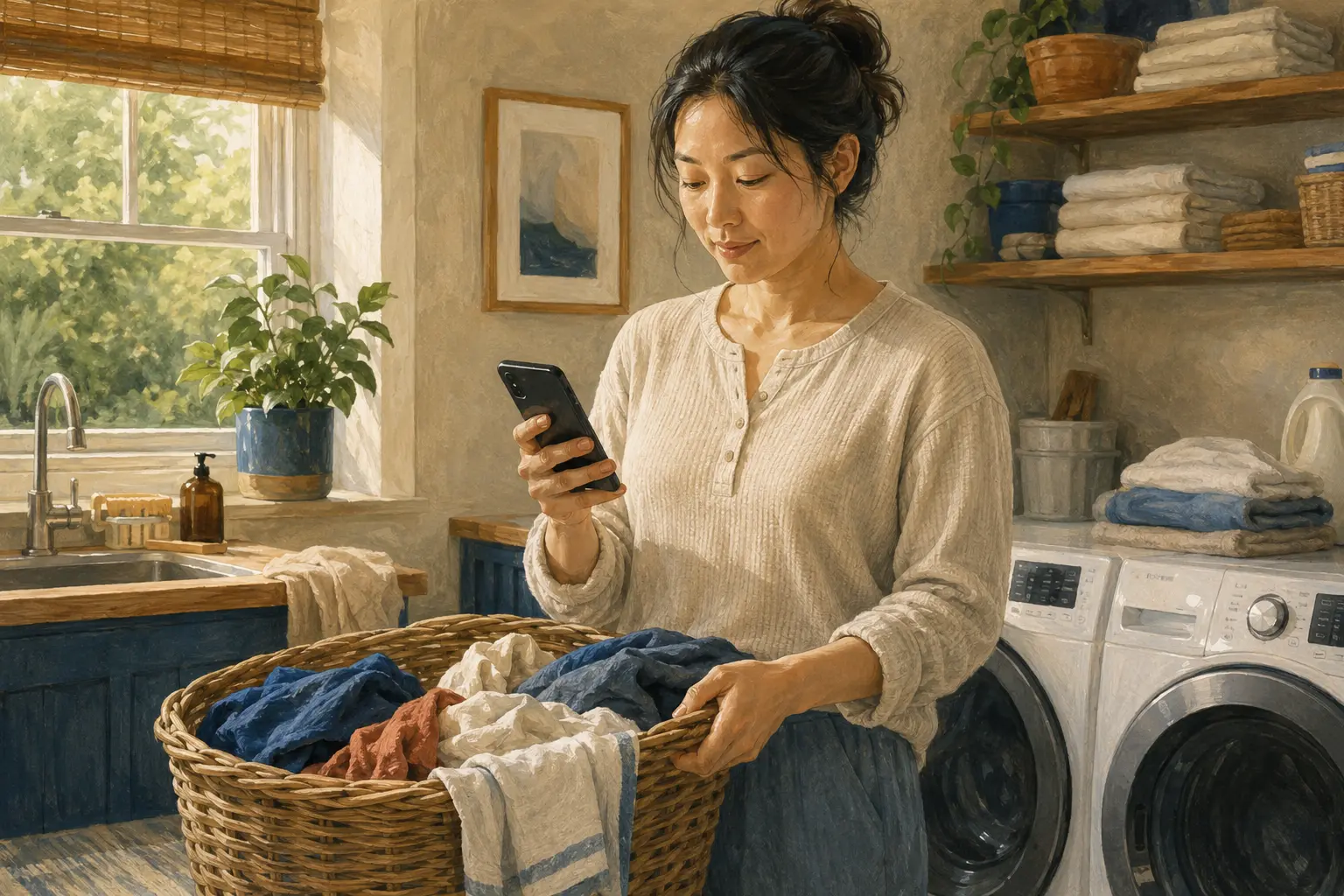 A person in a bright laundry room pauses to note an unfamiliar odor without shame or alarm.