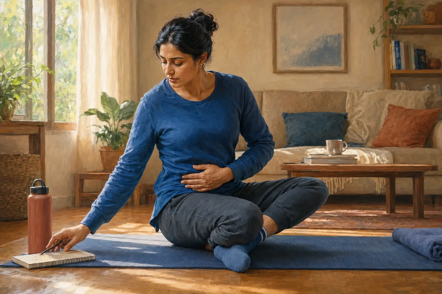 A fully clothed person pauses during an ordinary morning routine because of pelvic discomfort and records where it is felt.