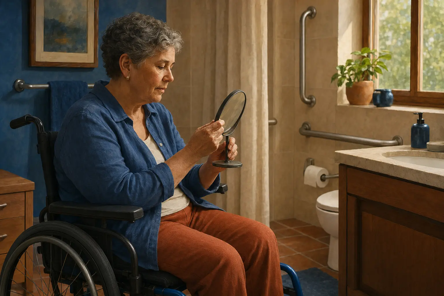 A fully clothed person uses a hand mirror in a private bathroom to track a skin change without comparing their body with an ideal.
