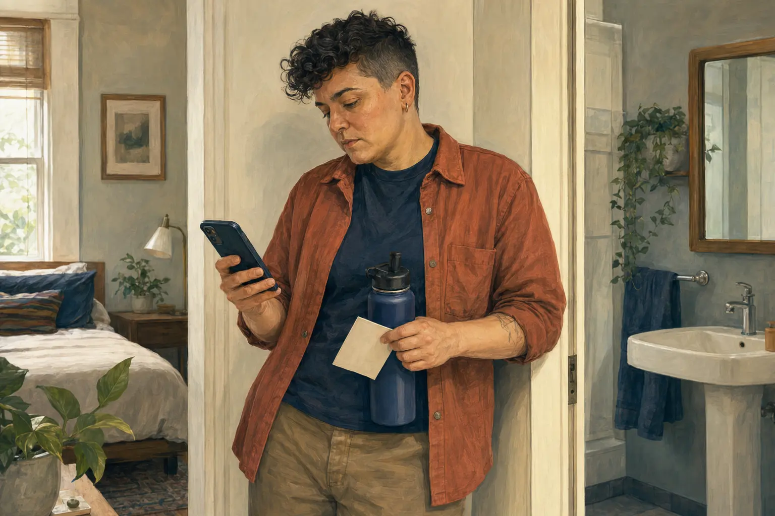 A fully clothed person pauses near a bathroom and records urinary burning, urgency, and timing for a healthcare visit.