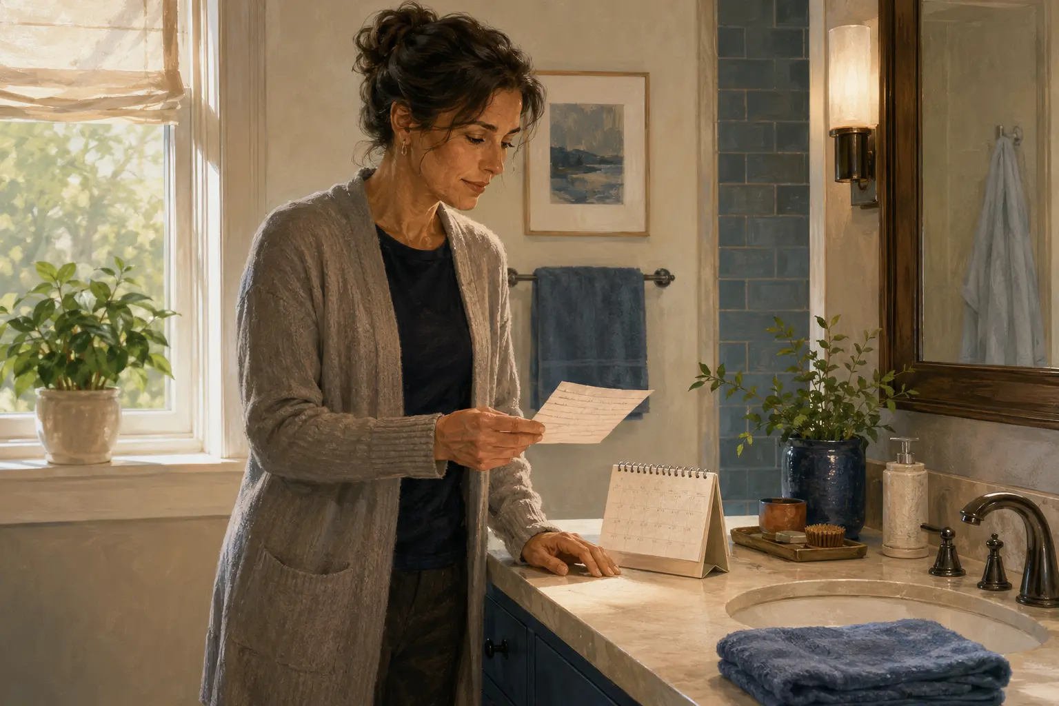 A fully clothed adult in a bright bathroom reviews a private symptom note and calendar while deciding what changed.