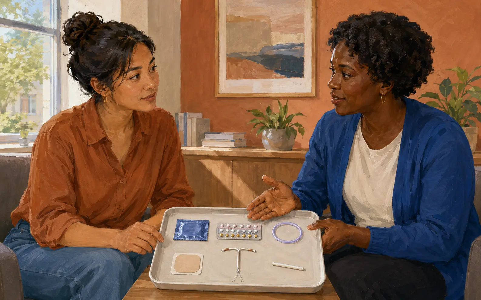 A patient and clinician compare condoms, pills, patch, ring, IUD, and implant during a shared contraception decision.
