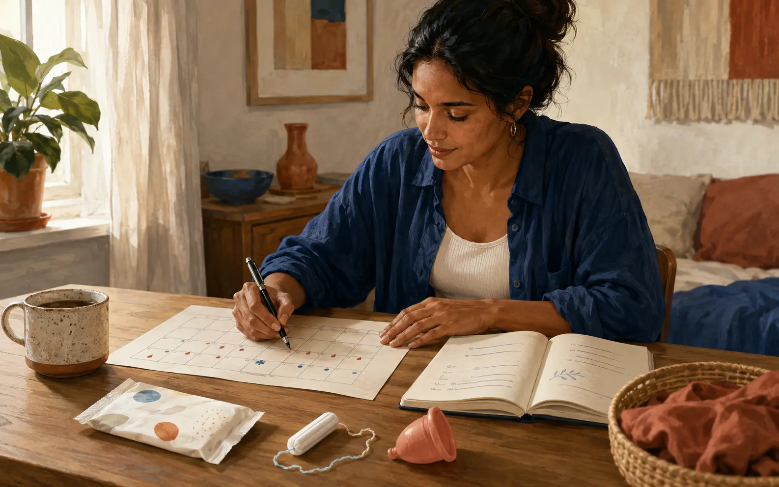 An adult privately records period dates, flow, pain, and daily impact on a simple paper calendar without an account or app.
