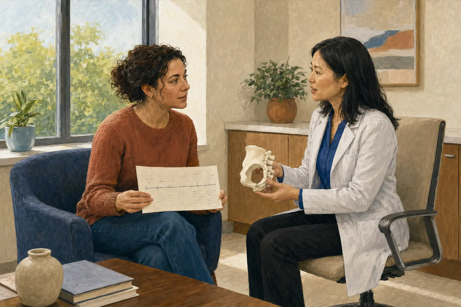 A fully clothed patient brings a symptom timeline to a clinician who explains pelvic orientation with a neutral model.