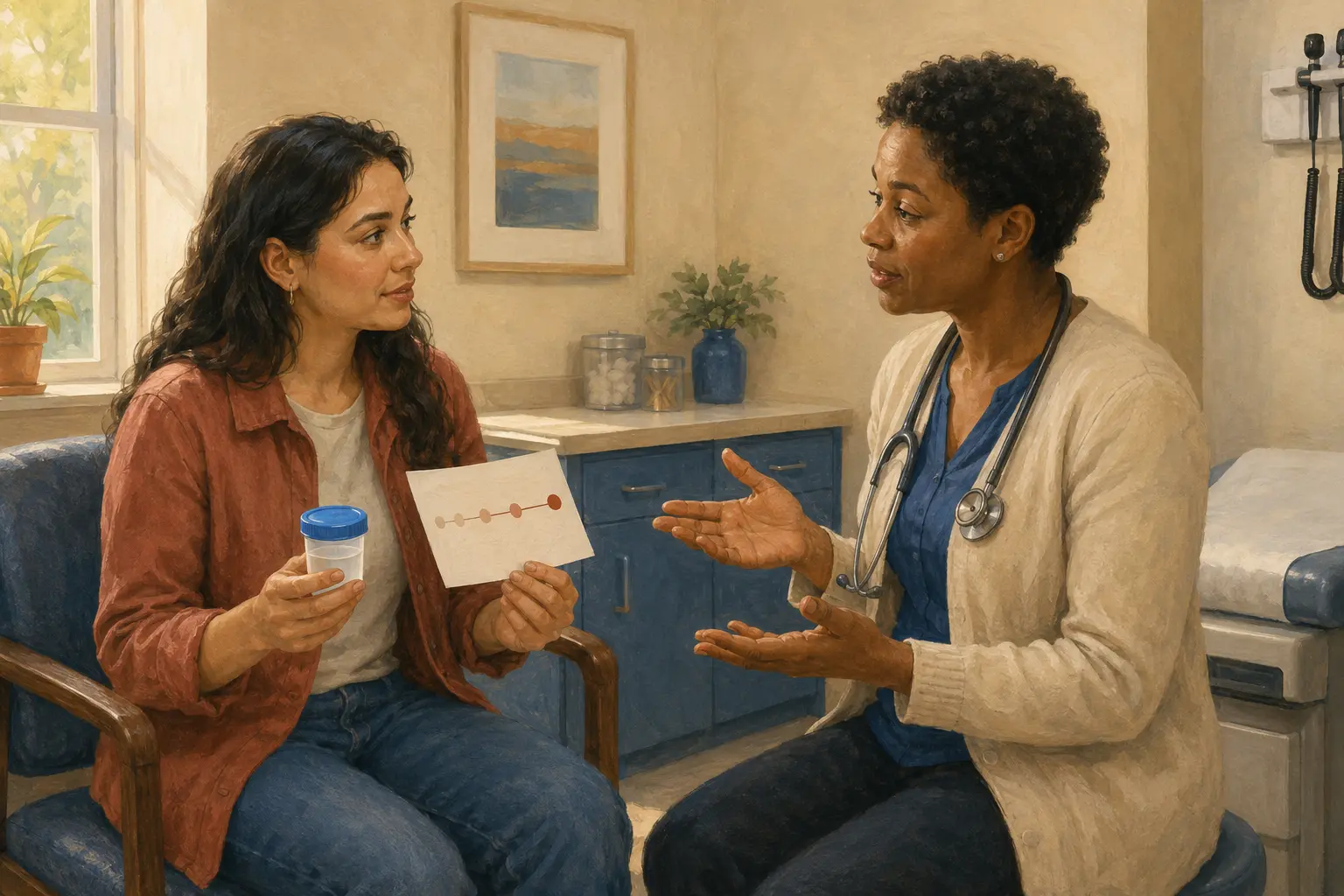 A patient brings a sealed specimen cup and symptom timeline while a clinician explains that urinary burning can have several possible sources.