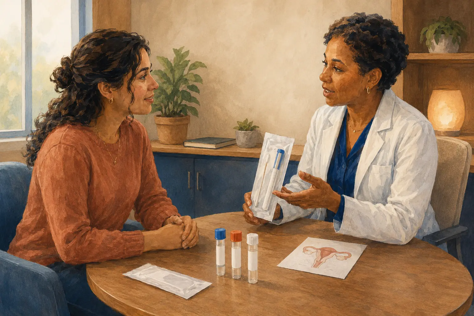 A clinician and patient review self-collection swabs and specimen tubes while discussing why overlapping irritation, BV, and yeast symptoms may require testing.