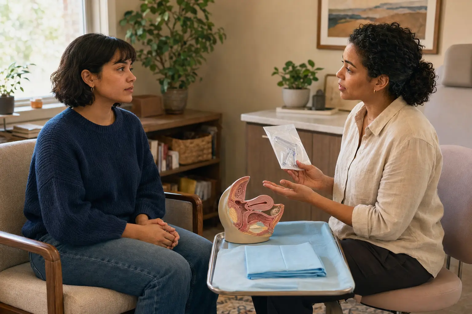 A fully clothed patient sits upright while a clinician explains a sealed speculum, drape, pelvic model, and choices before a first pelvic examination.