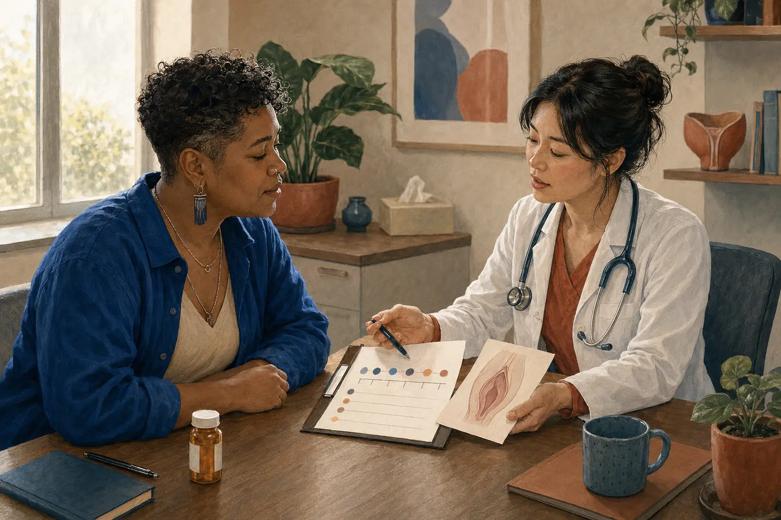 A gender-expansive adult and clinician review a personal timeline while discussing how hormones, medication, surgery, and treatment can change tissue.