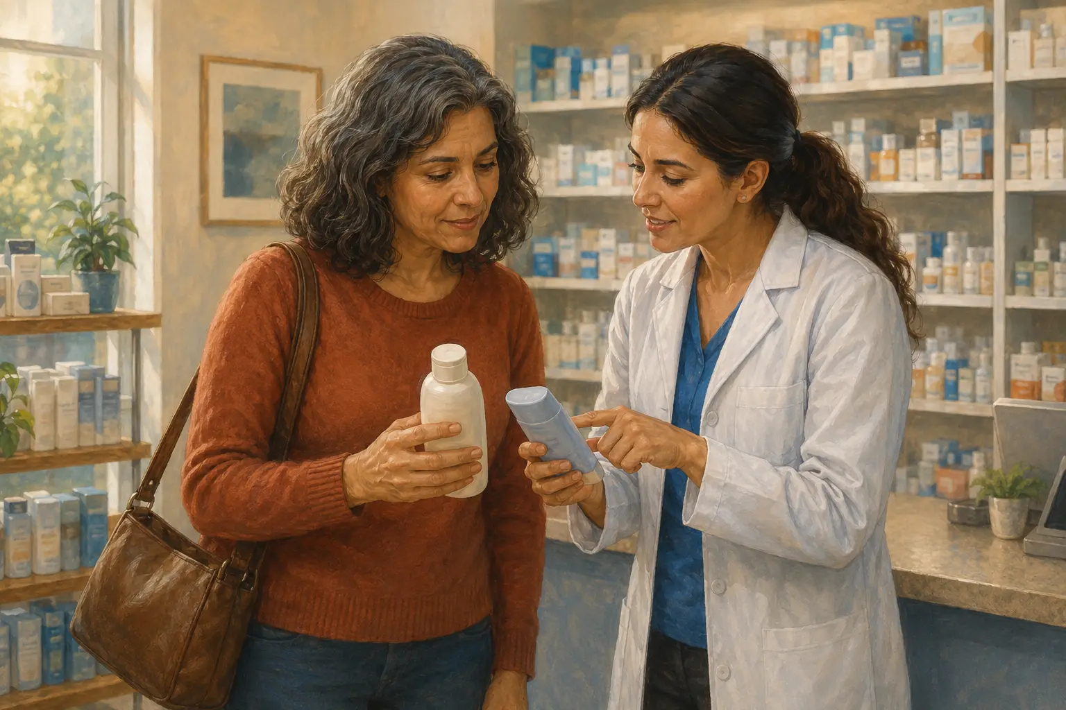 A shopper and pharmacist compare two plain, unfragranced products to understand the different jobs of lubricant and vaginal moisturizer.