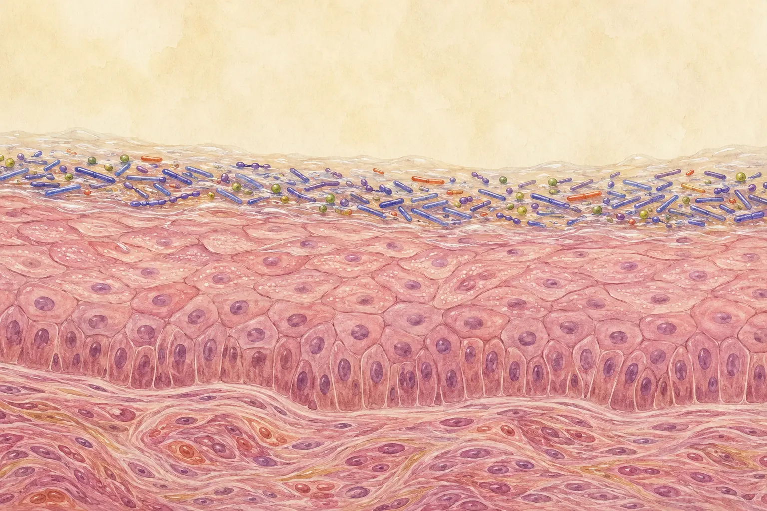 A medical illustration of vaginal tissue and a varied microbial community, showing a living ecosystem rather than a sterile surface.