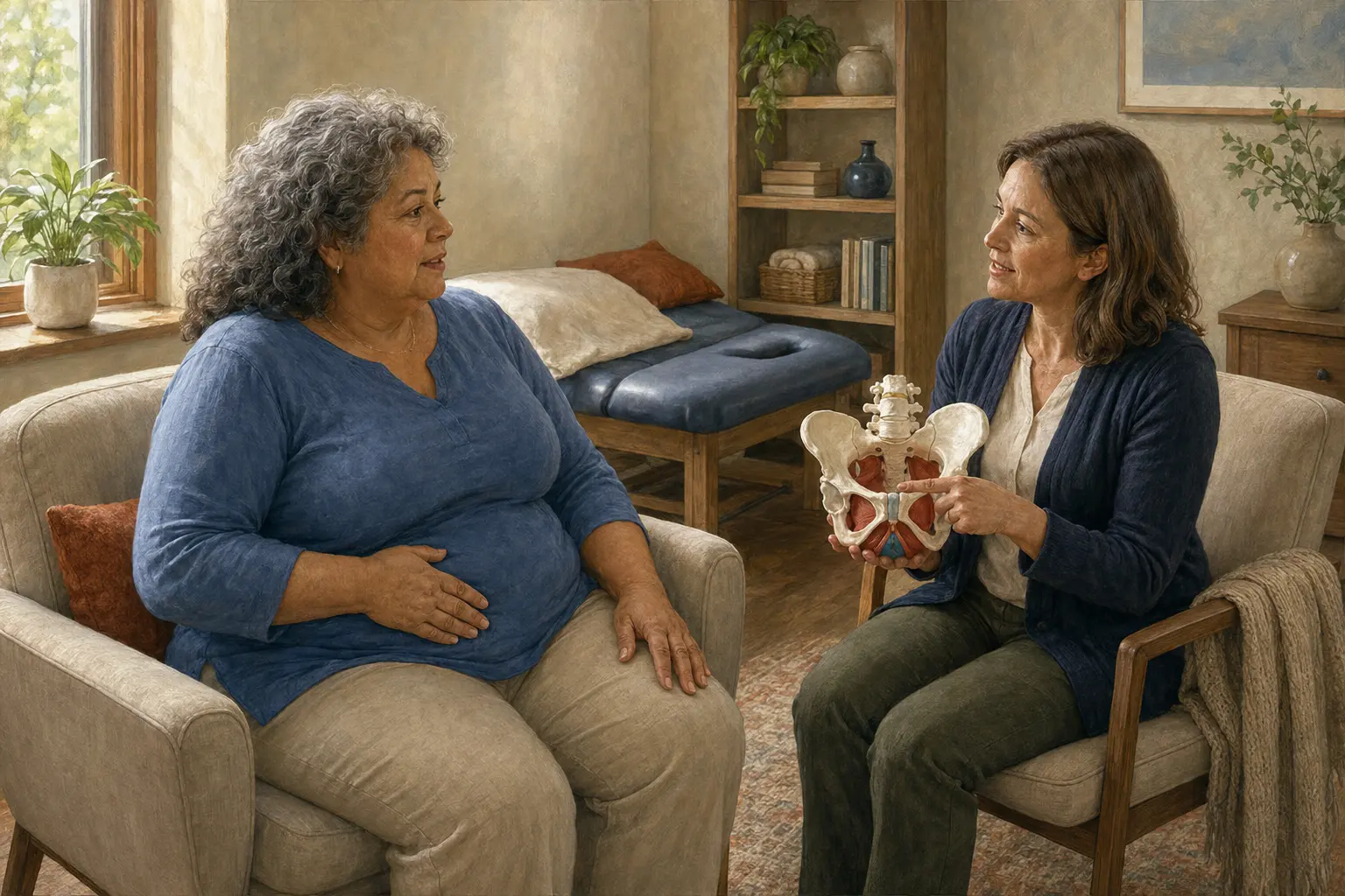 An older adult discusses pelvic pressure and support with a pelvic-floor physical therapist using an anatomical model.