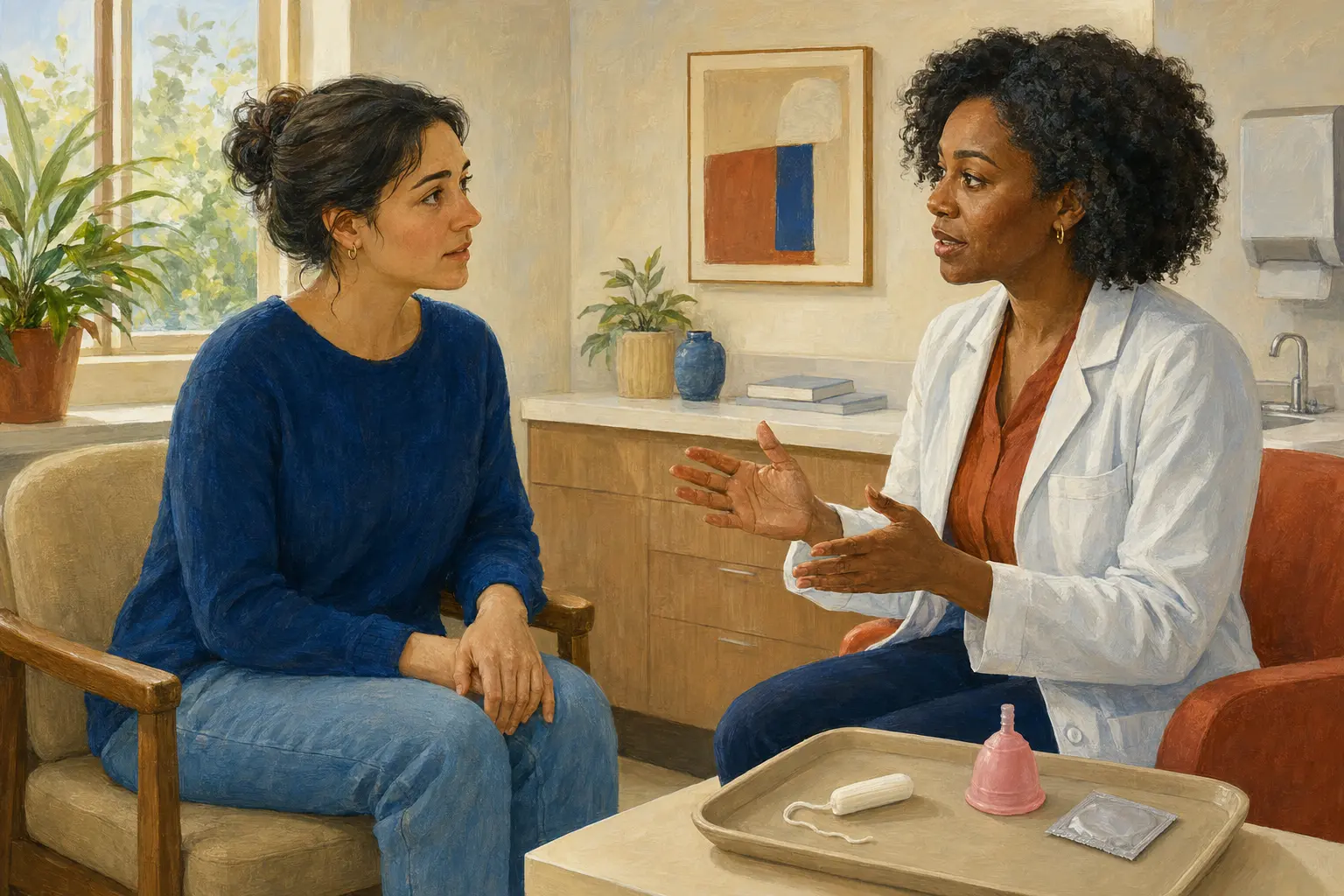 A patient speaks calmly with a clinician while unused examples of a tampon, menstrual cup, and condom packet sit on a teaching tray.