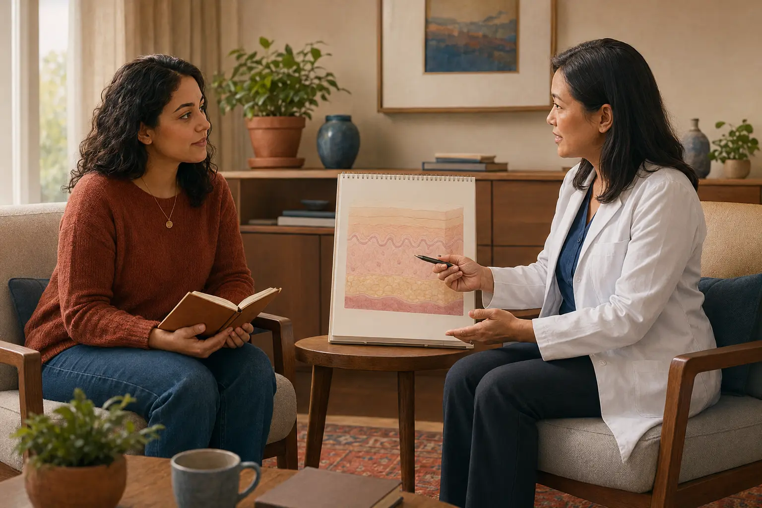 A patient brings a private symptom diary while a clinician uses a neutral skin-layer diagram to discuss tracking a vulvar skin change.