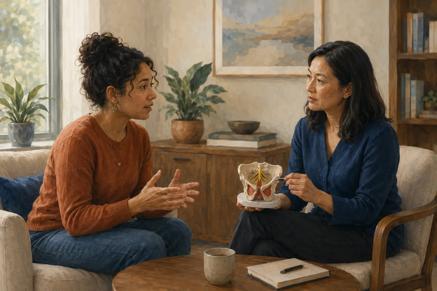 A patient describes persistent vulvar pain while a clinician uses a pelvic nerve and muscle model to explain a layered evaluation.