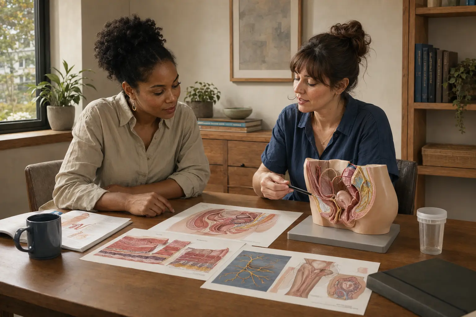 A health educator and visitor use anatomical models and printed diagrams to understand connected body systems.