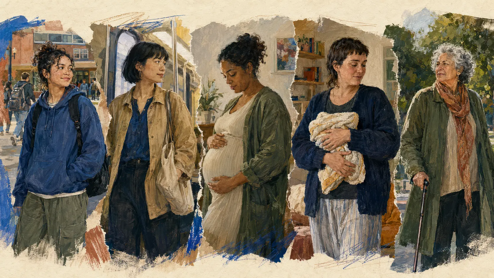 Hand-painted collage of a teen, an adult, a pregnant person, a postpartum parent holding a folded blanket, and an older adult using a cane.