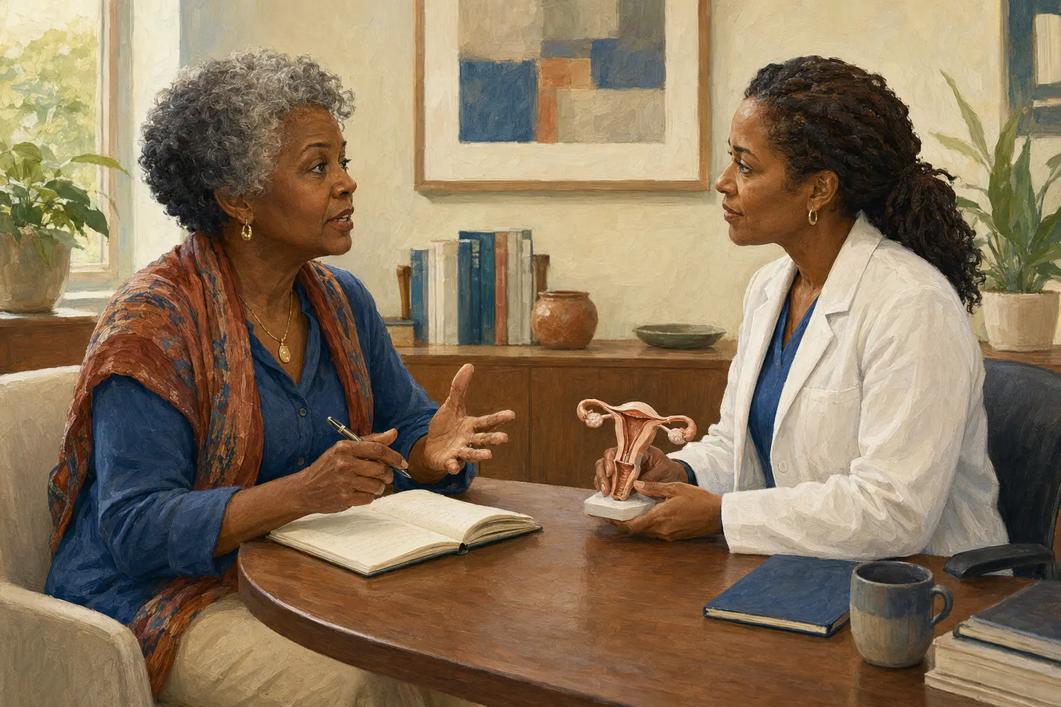 An older adult discusses vaginal, urinary, and tissue changes with a clinician in a calm consultation room.