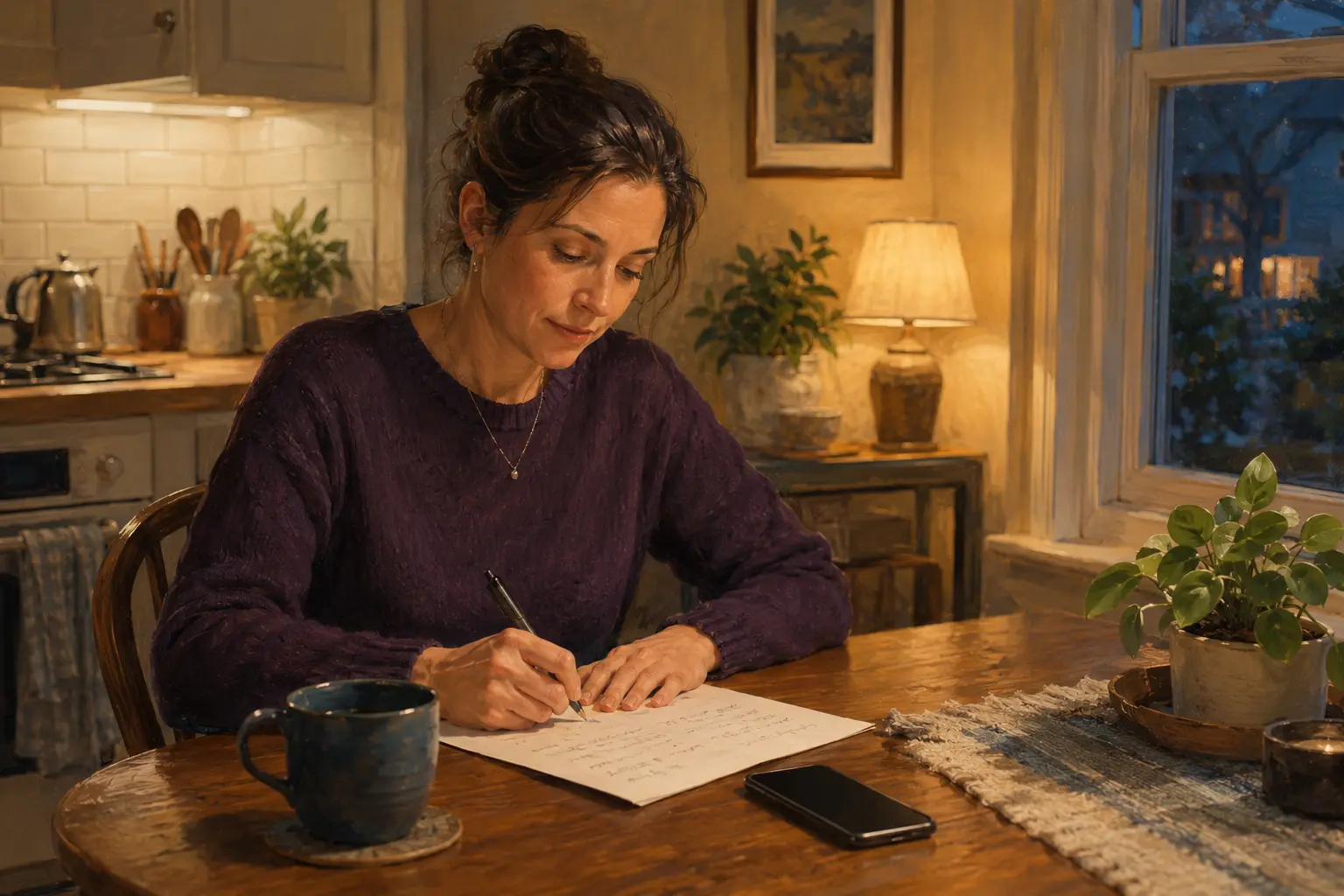 A fully clothed adult records a symptom timeline at a kitchen table beside a phone in warm evening light.