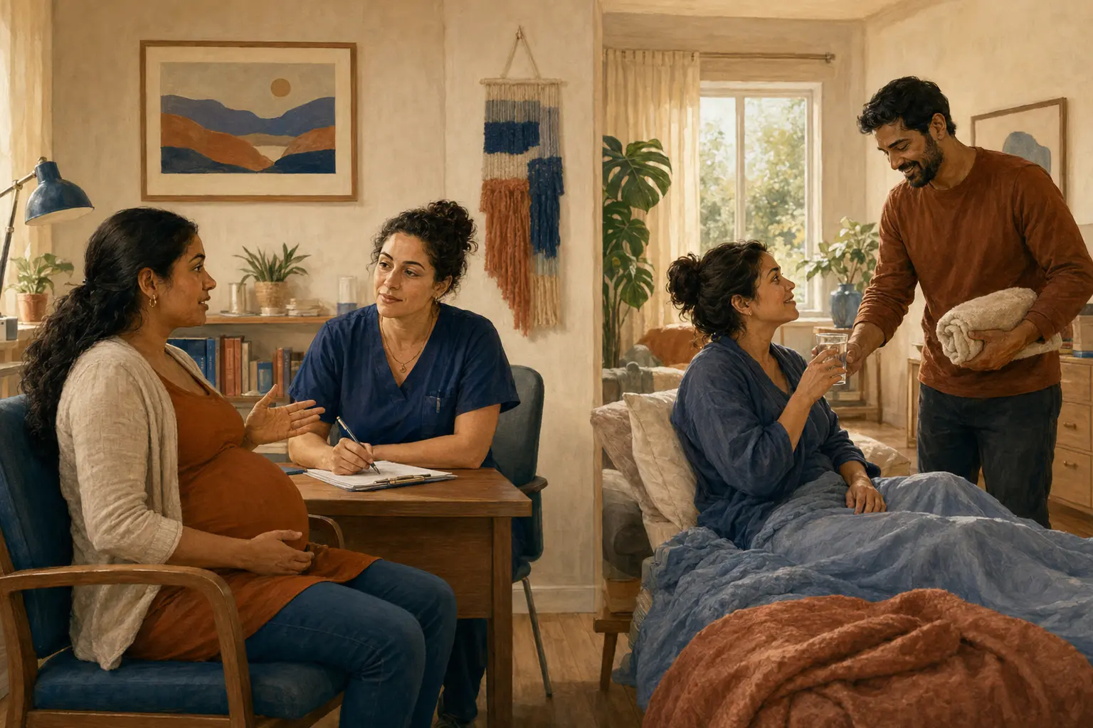 A pregnant adult talks with a clinician while a postpartum parent rests at home with practical support nearby.