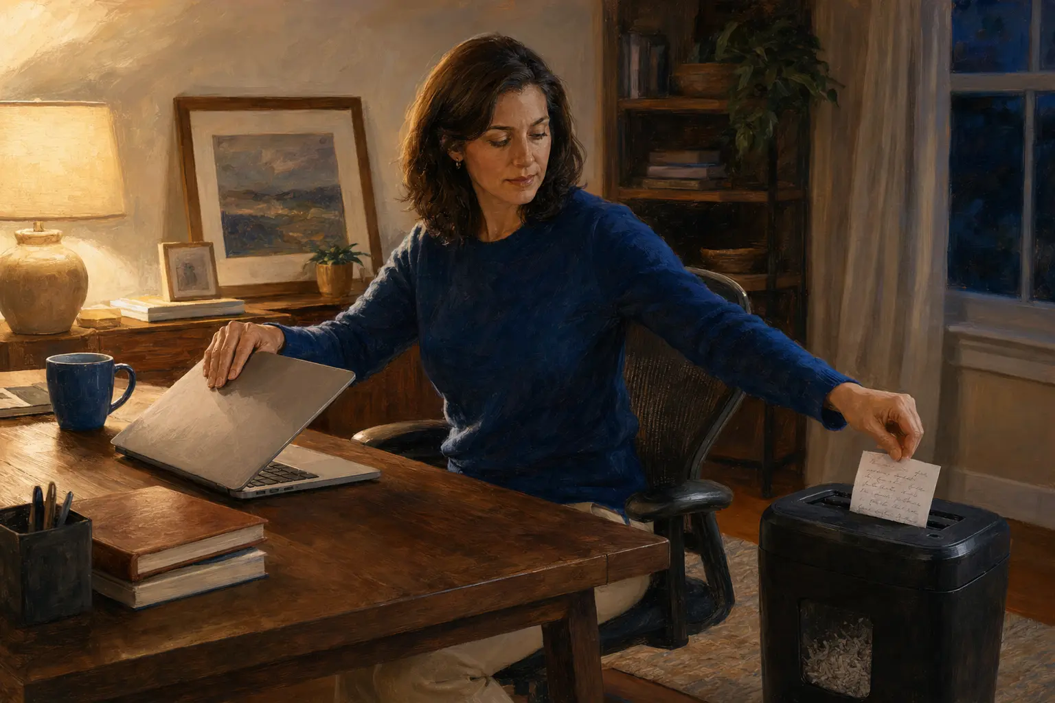 A person uses a laptop privately at home, then closes it and clears a handwritten note from the desk.