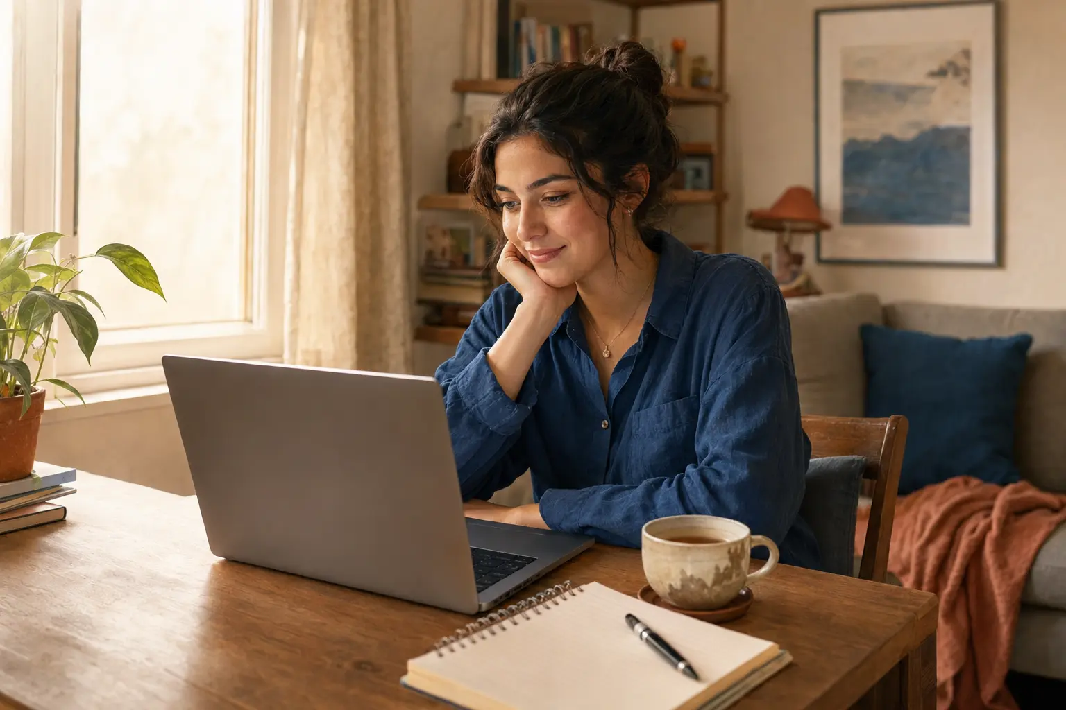 A person privately asks a health question on a laptop at home with a notebook and cup of tea nearby.