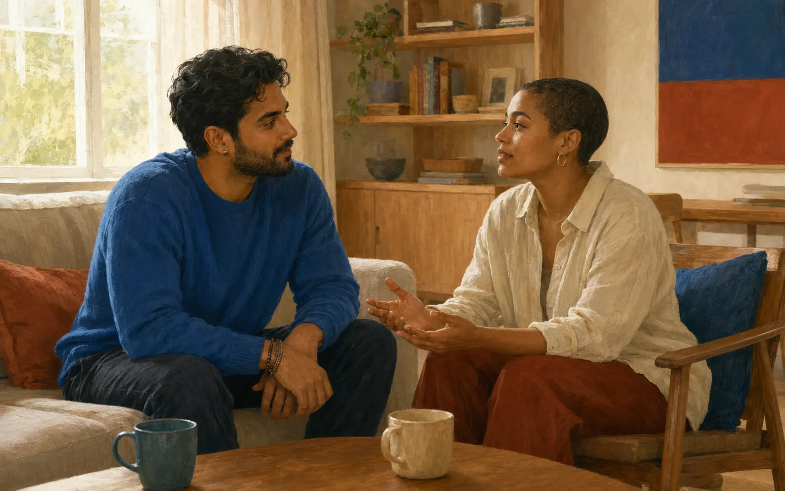 Two fully clothed partners have an equal, supportive conversation about affection, body image, desire, and boundaries.