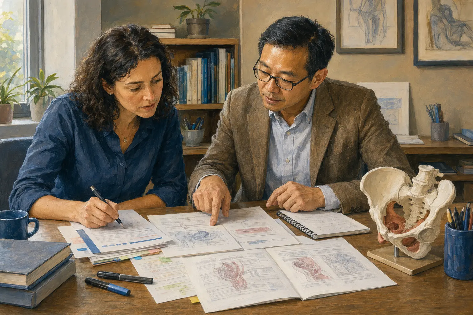 A clinician and medical editor review an educational guide together, checking wording, sources, and safety notes.