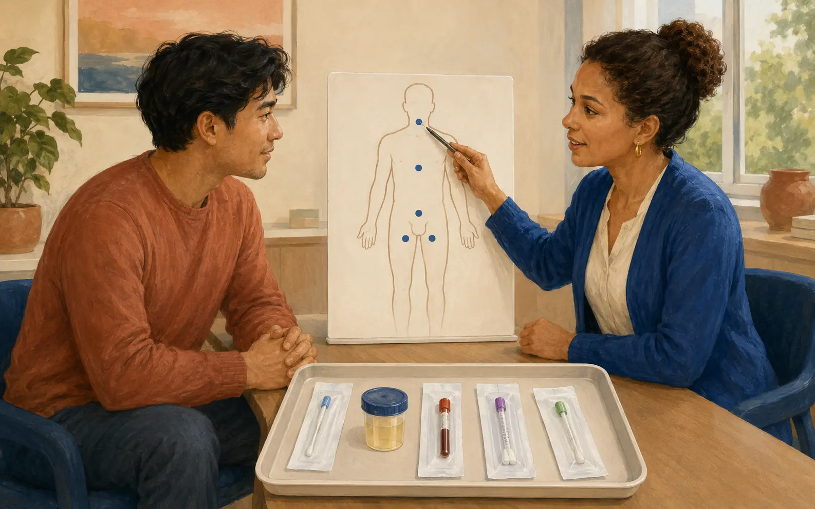 A patient and clinician review throat, urine, vaginal, blood, and rectal testing options based on exposed body sites.