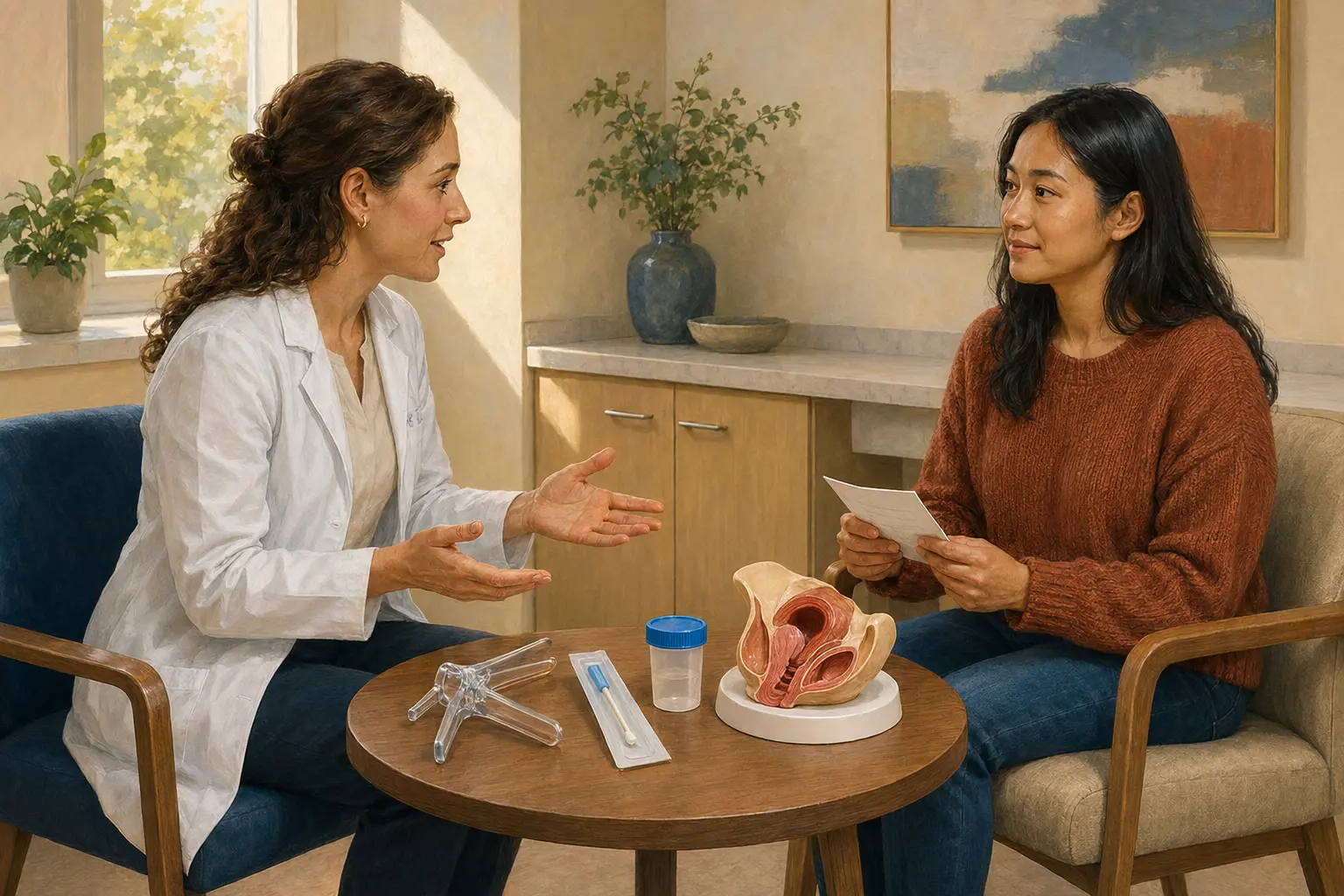 A clinician and patient sit at the same eye level before an examination while discussing a speculum, self-collection swab, specimen cup, and pelvic model.
